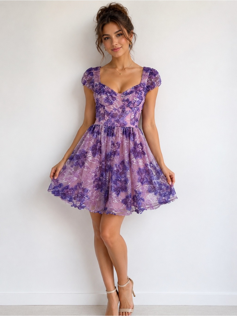 Dress the Population Lavender and Purple Floral Sequin Dress XS Homecoming